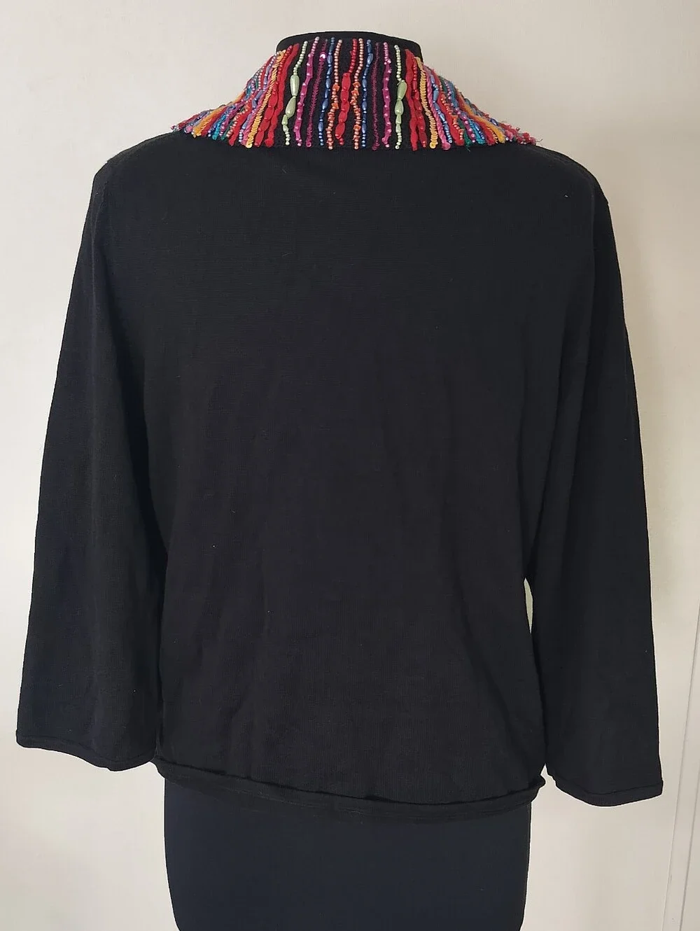 Michael Simon Black Button-Front Sweater with Multicolor Beaded Collar